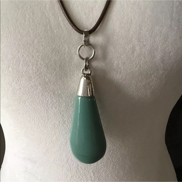 NEW Aqua Teardrop Pendant Statement Drop Necklace Long Wax Cord Mod Resin - Picture 2 of 6